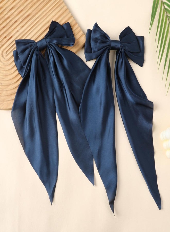 LuSeren 2PCS Big Hair Bow Clips for Women Girls – Navy Blue Satin Ribbon Bow Barrettes with Long Tails, Large Hair Accessories for Ponytail, Party, Wedding & Everyday Wear - Image 4
